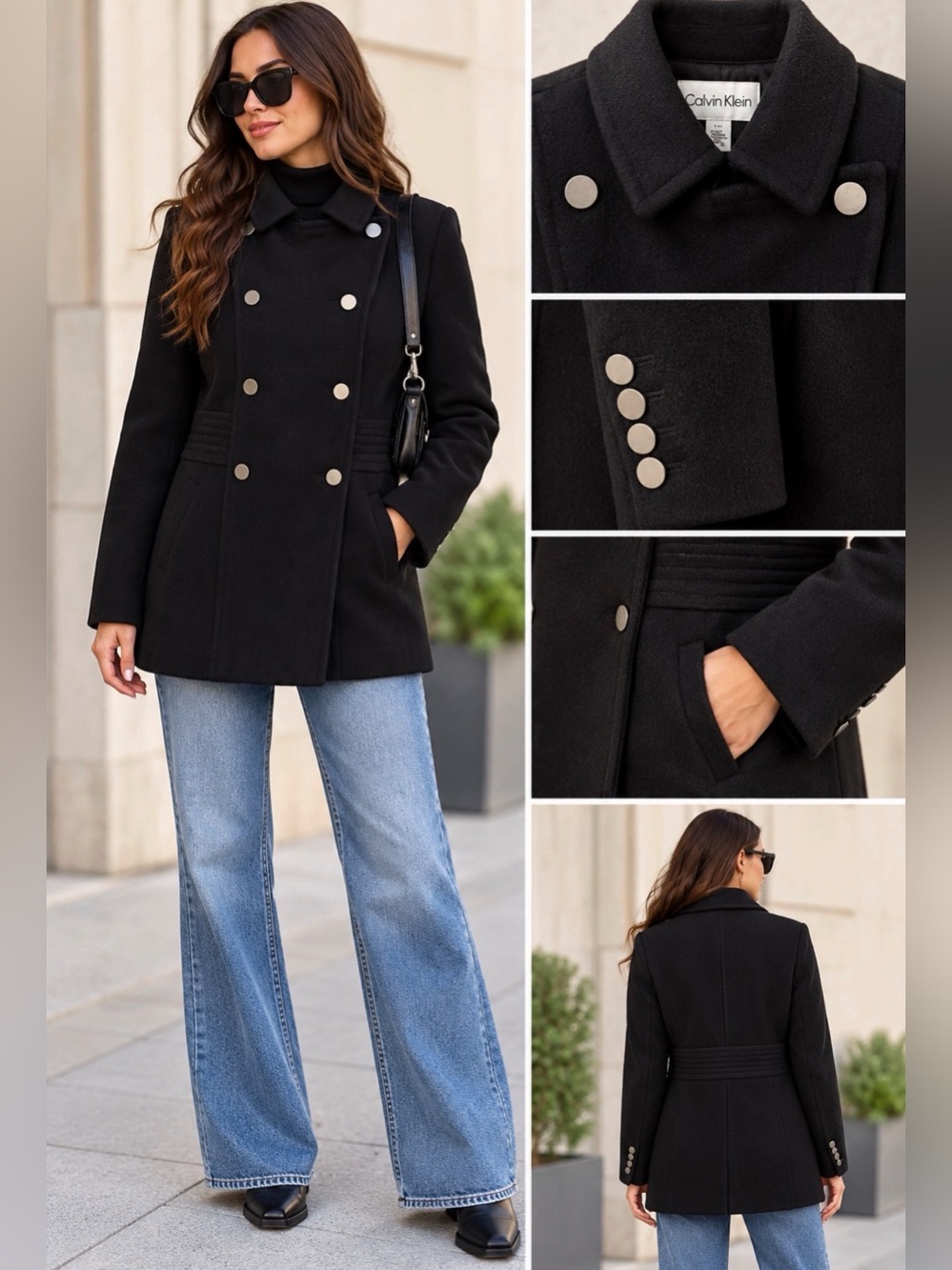 Calvin Klein Black Double Breasted Wool Blend Peacoat Jacket  Size XS